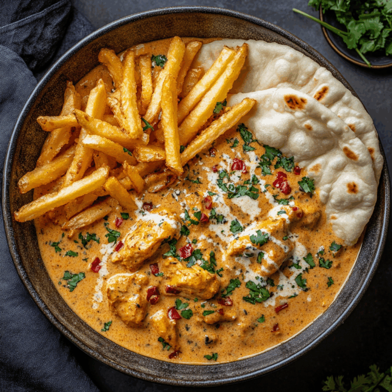Coconut Chicken Curry with Crispy Fries and Warm Naan