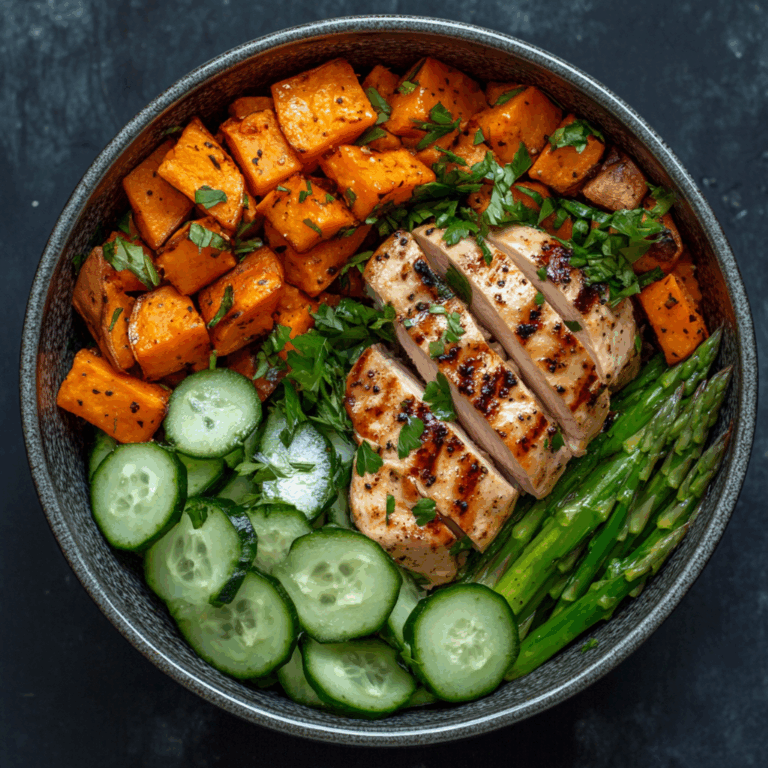 Grilled Chicken Bowl with Sweet Potato, Asparagus & Cucumber Medley