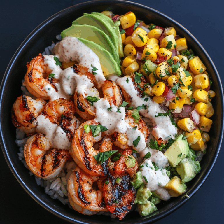 Grilled Shrimp Bowl with Avocado, Corn Salsa & Creamy Garlic Sauce