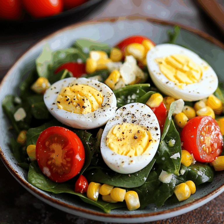 Spinach Salad with Soft-Boiled Eggs, Cherry Tomatoes, Corn & Creamy Dressing