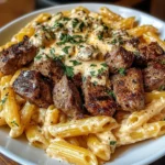 Cajun Steak Tips with Penne in Creamy Parmesan Cheese Sauce