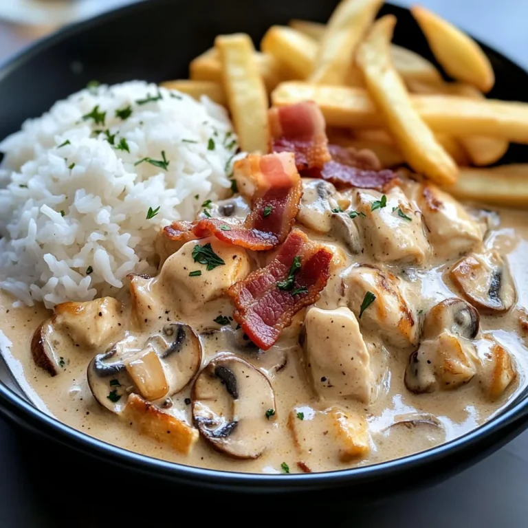 Creamy Chicken & Bacon Stroganoff with Garlic Naan, Rice & Crispy Fries