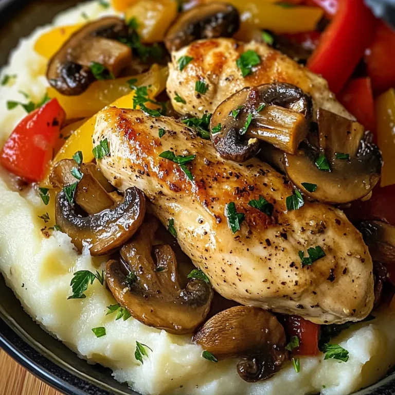 Garlic Butter Chicken with Mushrooms, Peppers & Mashed Potatoes