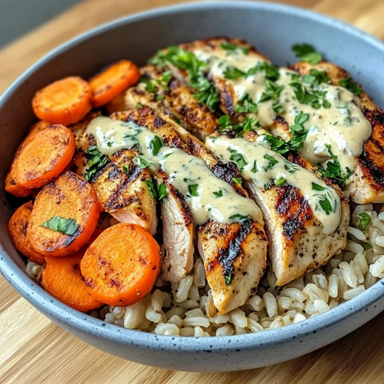 Grilled Chicken Rice Bowl with Creamy Herb Sauce & Carrots