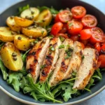 Herbed Chicken Bowl with Crispy Potatoes & Tomato Caper Salad