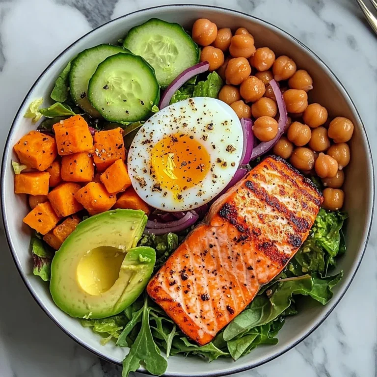Omega Bowl: Salmon, Jammy Egg & Greens with Chickpeas & Sweet Potato