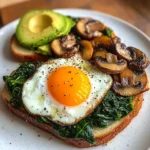 Sunny Eggs with Sauted Spinach, Mushrooms & Avocado Toast