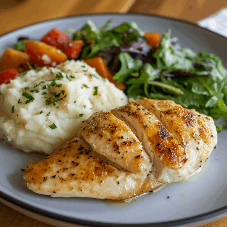 Golden Pan-Seared Chicken Breast with Creamy Mashed Potatoes & Fresh Garden Salad
